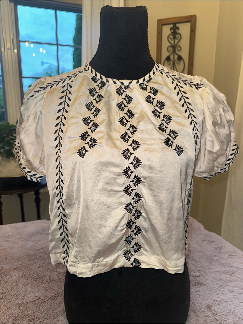 Anthropologie White Blouse with Black Embroidered Vine Detail